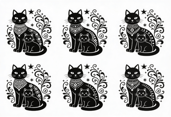 Black Cat Mom and Kitten Silhouette Art