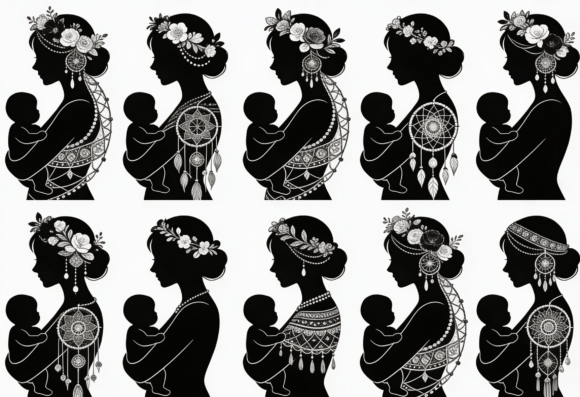 Boho Mom and Baby Silhouette Clip Art