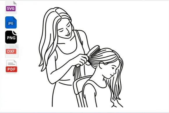 Mom Brushing Daughter’s Hair Line Art